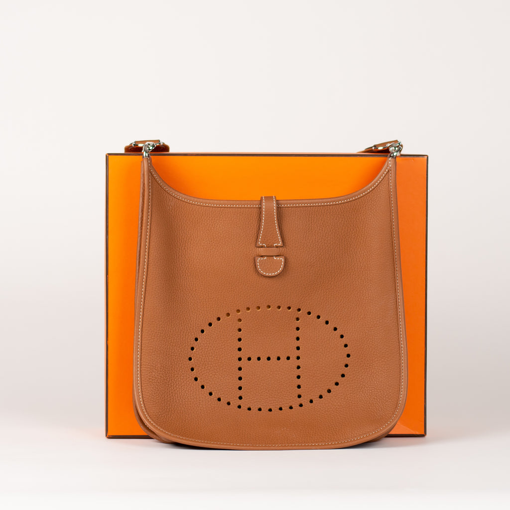 HERMÈS, GRIS ETAIN EVELYNE III PM IN TAURILLON CLEMENCE LEATHER WITH  PALLADIUM HARDWARE, Handbags & Accessories, 2020